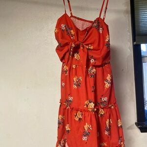 Vibrant Red Floral Dress with Bow